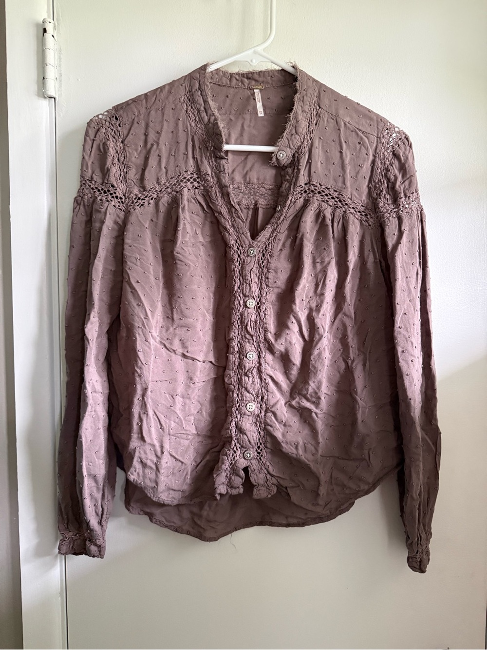 Free People Swiss Dot Button-Front Lace-Trim Blouse, Size XS